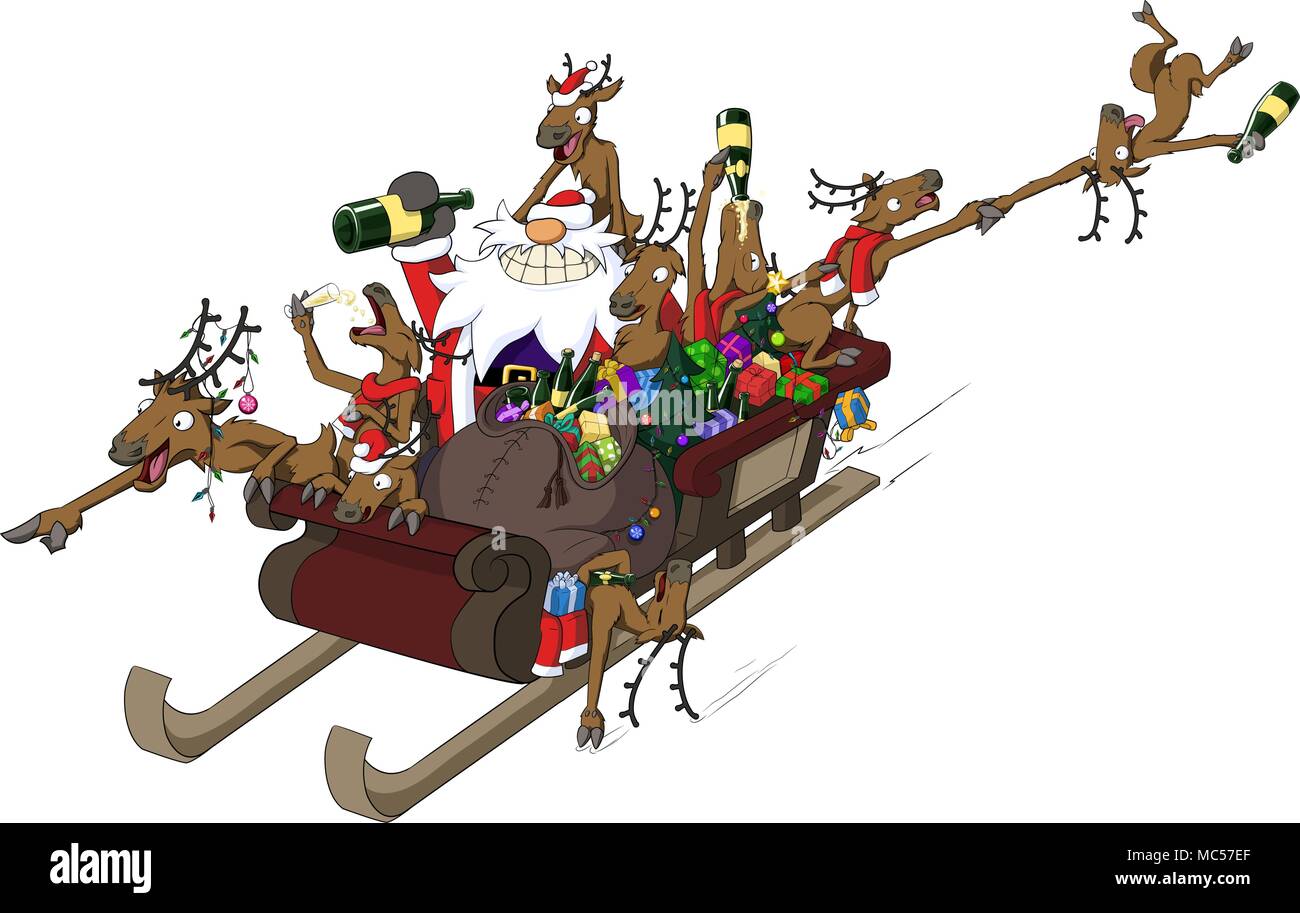 Célébration de Noël dessin animé humoristique, en traîneau de rennes Illustration de Vecteur