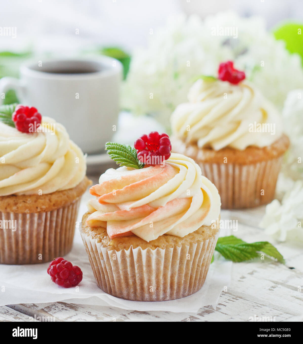 Cupcakes vanille délicate avec de la crème et les framboises sur un fond de bois blanc Banque D'Images