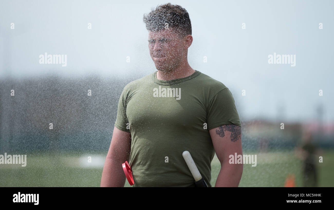 Corps des Marines des États-Unis Le Cpl. Nicholas R. Brandly, un missile antichar homme avec la Force de rotation de la mer Noire (BSRF) 18.1, obtient la nourriture avec l'aérosol capsique Armes non létales dans un cours à la base aérienne de Mihail Kogalniceanu, Roumanie, 6 avril 2018. Marines avec BSRF 18.1 former avec les armes non létales pour construire l'ensemble du spectre de compétence d'escalade de la force. (U.S. Marine Corps photo de LCpl. Angel D. Travis) Banque D'Images