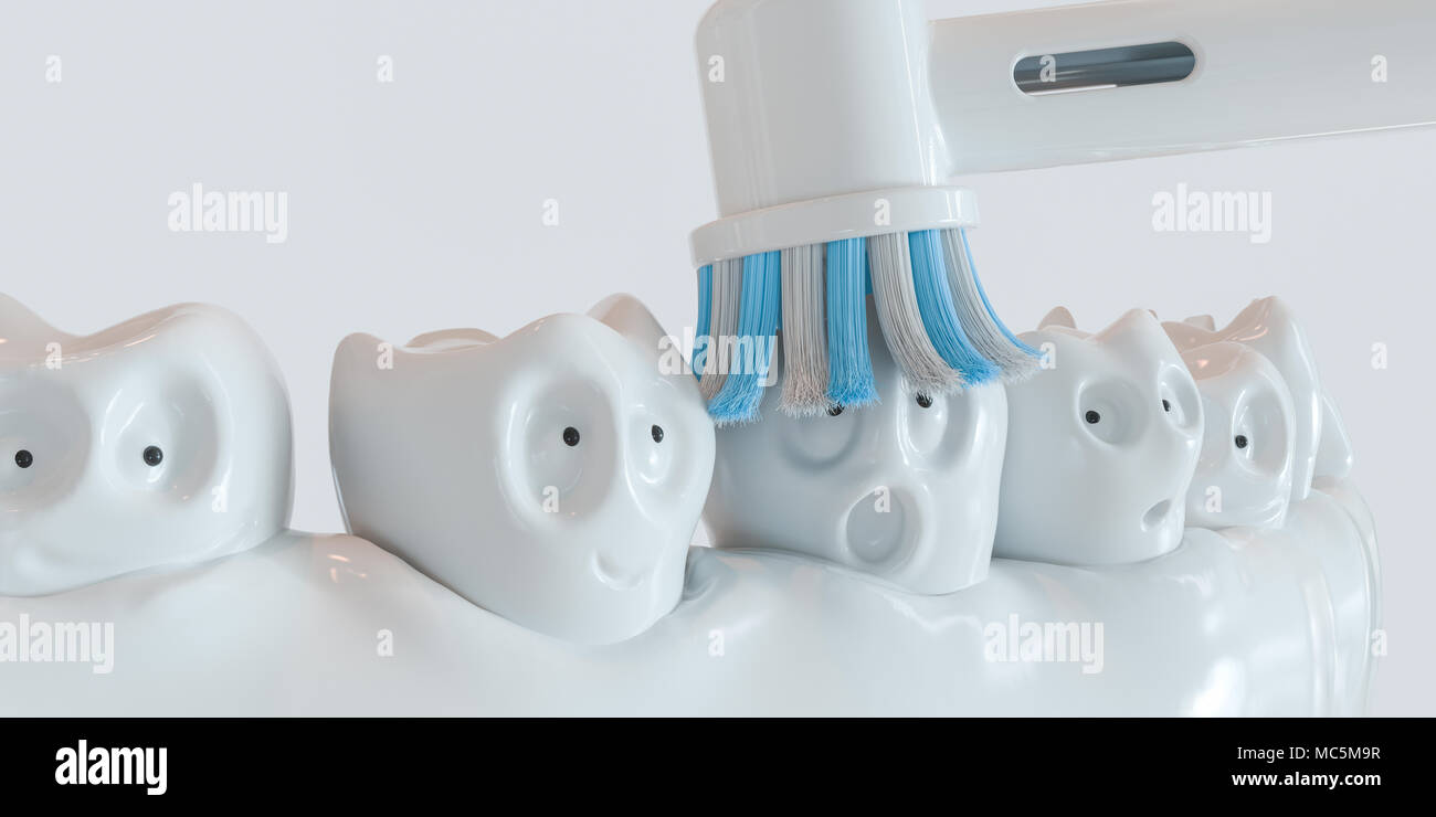 Des dents caricature. Une dent sur le nettoyage fait peur.. Le rendu 3D Banque D'Images