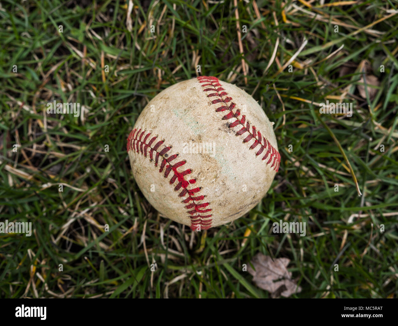 Close up sports image d'arrière-plan d'une vieille balle de baseball en cuir patiné pose dans l'herbe à l'extérieur sur le terrain montrant des détails et la texture Banque D'Images
