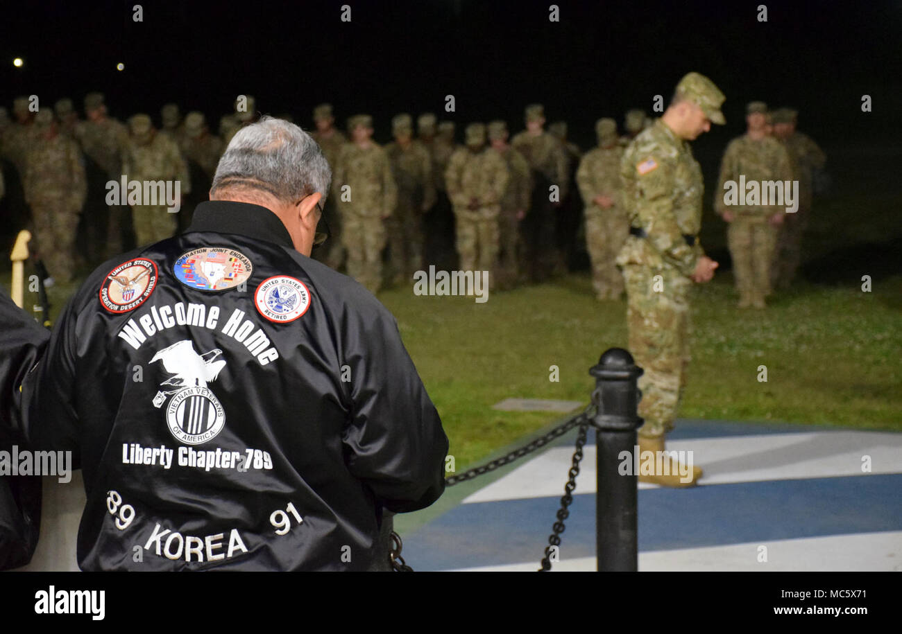 Les chefs ont été cédé à l'égard d'aumônier lire une prière à Fort Stewart, en Géorgie pour le retour des soldats de la 3e Division d'infanterie. Le premier groupe de soldats est rentrée d'un déploiement de 9 mois en Afghanistan le 1 avril, 2018. Banque D'Images