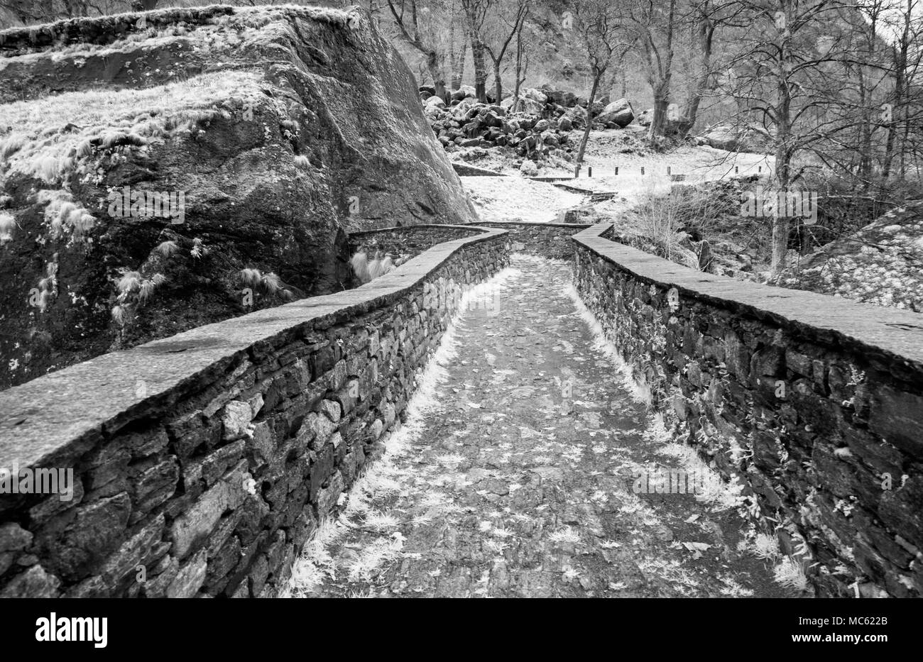 Vue en noir et blanc de belle vieux pont de pierre pour traverser un petit ruisseau de montagne dans une vallée sauvage et des alpages Banque D'Images
