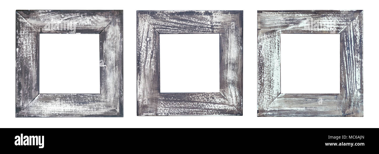 Trois cadres photo old weathered vide isolé sur blanc. Banque D'Images