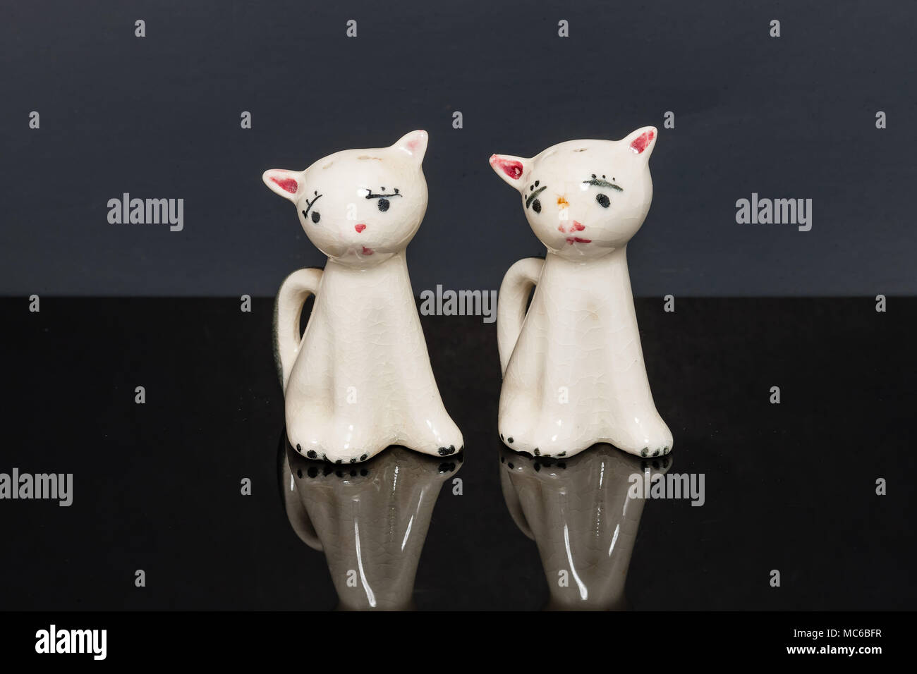 Le chat blanc sel et poivre en forme de shaker set Banque D'Images