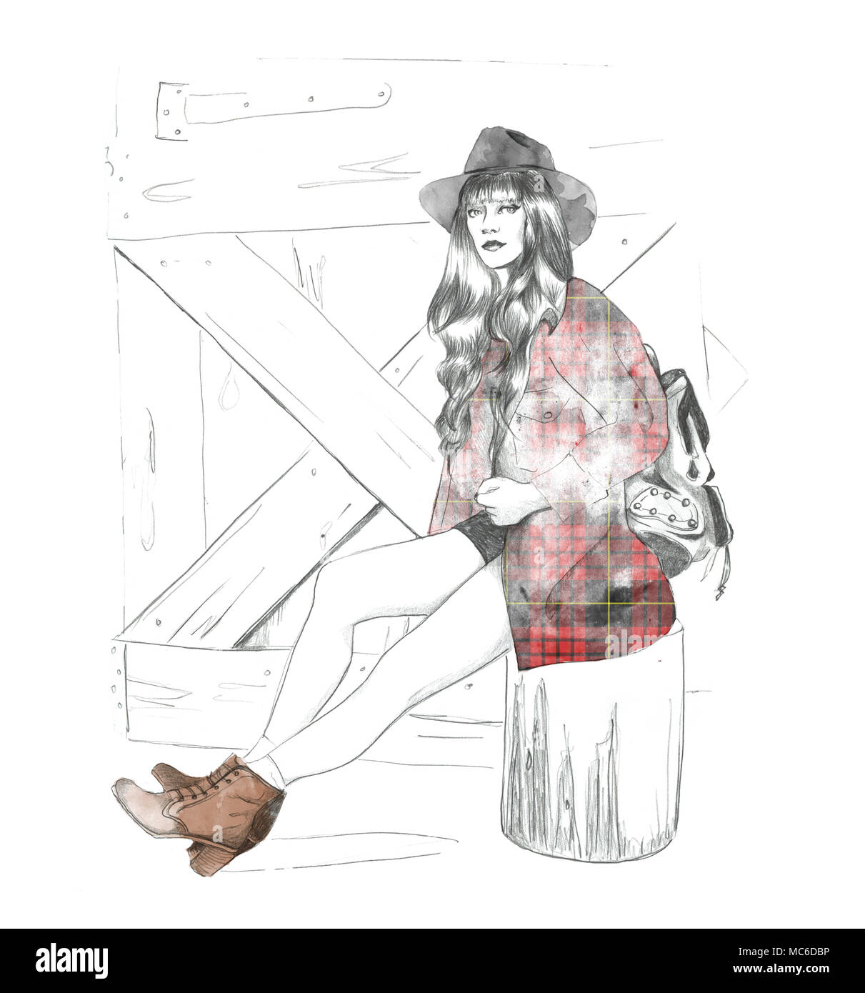 Jeune femme avec sac à dos assis sur moignon en face de porte en bois Banque D'Images