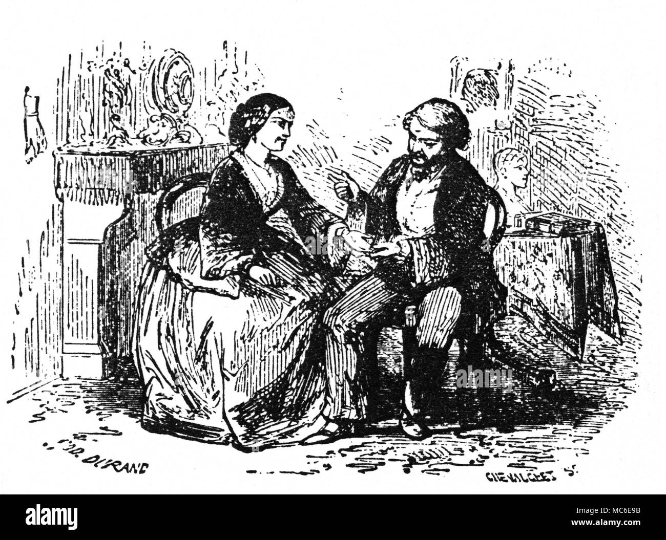 La CHIROMANCIE CHIROMANCIEN - AU TRAVAIL Un chiromancien français l'inspection de la main gauche d'une jeune femme. La vignette de la page de titre d'Adrien Adolphe Desbarrolles, LES MYSTERES de la main, 1859. Banque D'Images