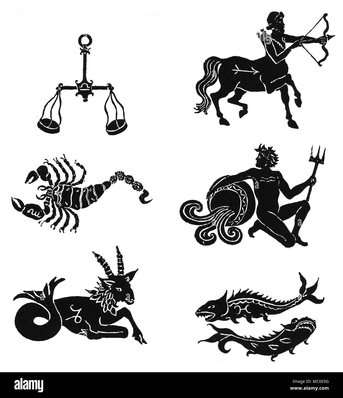 Astrologie - ZODIAQUES Six images des douze signes du zodiaque - Balance, Scorpion, Sagittaire, Capricorne, Verseau et poissons (images des six autres sont disponibles). D'E.H. Allen, un manuel d'Cheirosophy, 1885. Banque D'Images