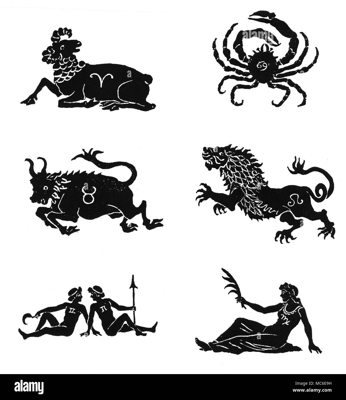 Astrologie - ZODIAQUES Six images des douze signes du zodiac - Bélier, Taureau, Gémeaux, Cancer, Lion et Vierge (images des six autres sont disponibles). D'E.H. Allen, un manuel d'Cheirosophy, 1885. Banque D'Images
