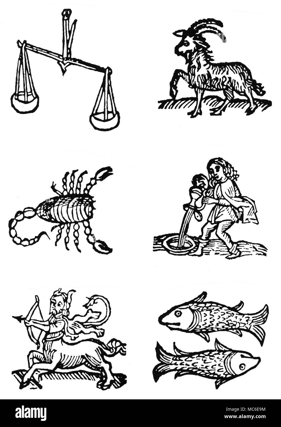 Astrologie - ZODIAQUES Six images des douze signes du zodiaque - Balance, Scorpion, Sagittaire, Capricorne, Verseau et poissons (images des six autres sont disponibles). À partir d'un Astrologium Planum, publiée à Venise en 1497. Banque D'Images