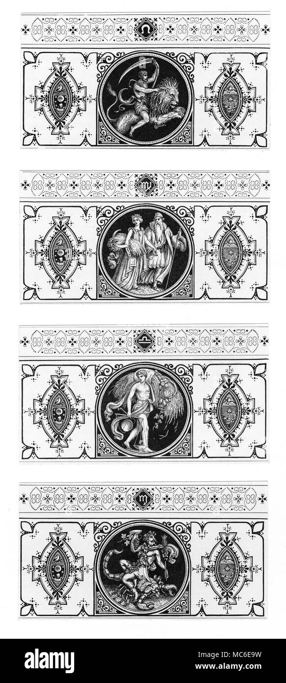 Astrologie - SIGNES DU ZODIAQUE les cachets et les images pour Leo du zodiaque, la Vierge, de la balance et du Scorpion, de la série par John Leighton, La Vie de l'Homme, 1866. L'image du Lion est le dieu de l'agriculture, l'équitation, Saturnus Lion (l'animal de Leo). La Vierge est représentée comme une jeune déesse agricoles - peut-être une forme d'Isis, portant une gerbe de maïs, et d'être dirigée par un vieil homme. Balance combine les échelles (la plus habituelle d'associé à la balance), avec une abondance de richesses agricoles. Le Scorpion représente les ivrognes, Bacchus, dieu du vin et des enebriation, école un Scorpion (le plus largement utilisé Banque D'Images