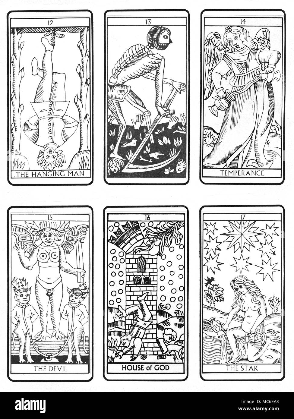 Cartes de tarot de Marseille - Le troisième pont six de l'ordre de 22 cartes de Tarot (selon la conception traditionnelle Marseille), à partir de la douzième (carte de l'homme suspendu), à travers la mort, la Tempérance, Le Diable, La Maison de Dieu et l'étoile. Les autres séquences sont disponibles, en lot de 6. Banque D'Images
