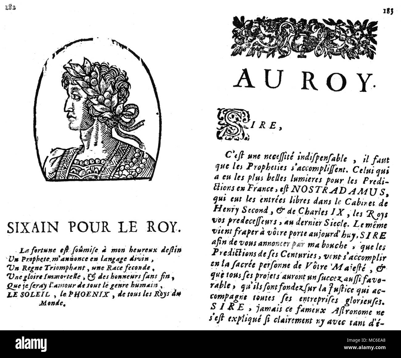 NOSTRADAMUS - SIXTAIN POUR LE ROY Un exemple d'un faux quatrain (c'est, l'un publié dans le nom de Nostradamus, mais pas écrit par lui). Le sixtain Sixain (ORT) semble la prophétie la venue de Lous XIV, Le Roi Soleil, mais il n'a pas été écrit jusqu'en 1710, cinq ans avant sa mort. Double page du Jean-Baptiste Besongne (Rouen) édition des Vrayes siècles et Propheties de Maistre Michel Nostradamus, 1710. Banque D'Images