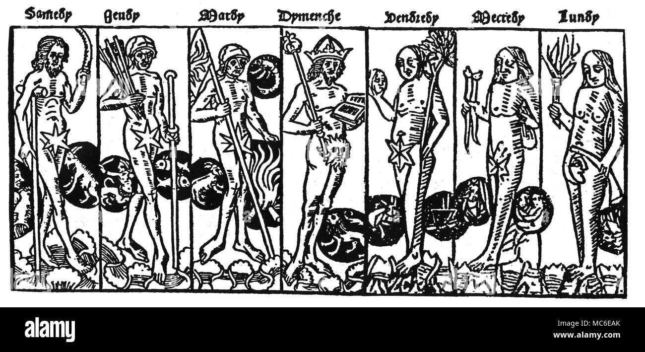 Astrologie - JOURS DE LA SEMAINE, les planètes, en lien avec les jours de la semaine, à partir d'un berger français Calendrier de la circa 1510. De gauche à droite : Samedi, gouverné par Saturne (avec les cocardes pour Verseau et capricorne). Jeudi, gouverné par Jupiter (avec les cocardes pour Sagittaire et poissons). Mardi, gouverné par Mars (avec les cocardes pour le Bélier et le Scorpion). Dimanche, gouverné par le soleil, avec la cocarde pour le signe du Lion. Vendredi, gouverné par Vénus (avec cocardes pour Taureau et Balance). Mercredi, régi par Mercure (avec l'rondeaux pour la Vierge et Gémeaux), et Lundi, gouverné par la lune, wi Banque D'Images