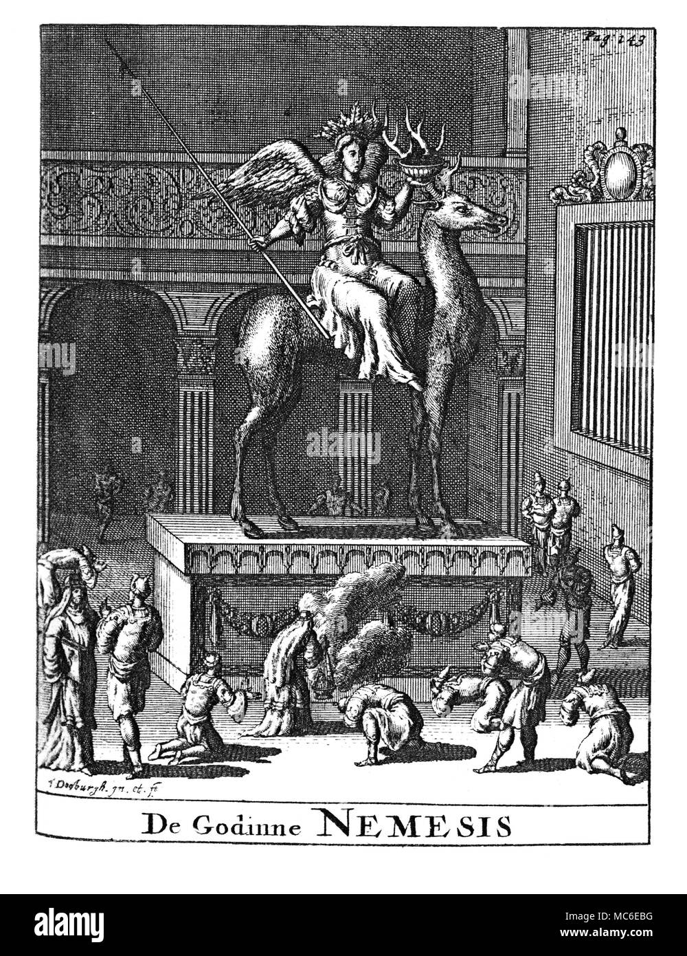 La mythologie - NEMESIS Nemesis, déesse grecque une personnification de la colère rigteous - bien que principalement que des dieux, à la folie humaine et de présomption. Cette statue représente l'intérieur de la 5ème siècle avant J.-C. Temple de Rhamnus, dans l'Attique.de Het Groot Natuur- en Zedekundigh Werelttoneel Woordenboek de 1743. Banque D'Images