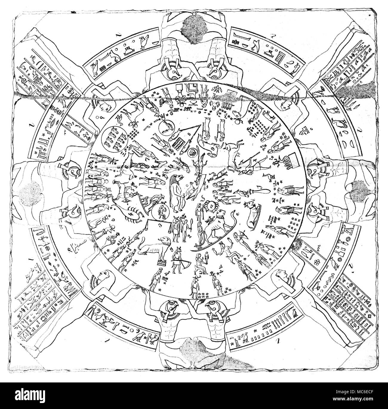 Gravure d'astrologie égyptienne de la soi-disant "Zodiac" de - Bague romaine t52 qui est en fait un planisphère, intégrant les douze constellations, d'après la fin de la période ptolémaïque (égyptien). Le planisphère est maintenant au musée du Louvre, Paris (il a été réalisé en France par les soldats de Napoléon), mais une bonne copie de l'original est toujours en place, dans le plafond du Temple de toit du temple d'Hathor, à l'Égypte, bague romaine t52. Banque D'Images