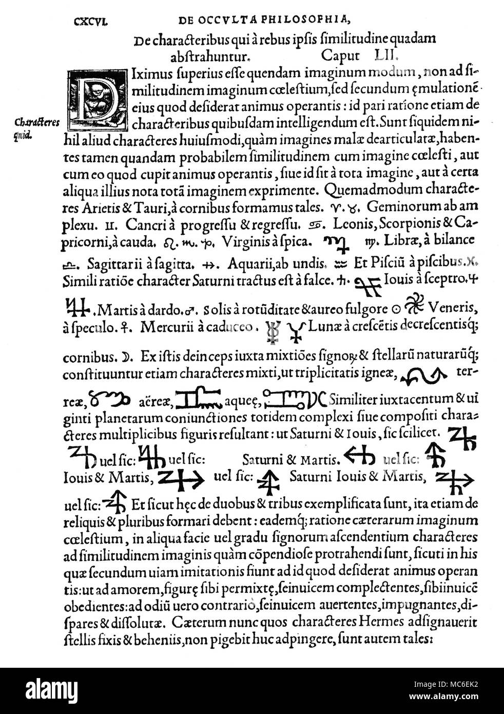 Astrologie - cachets pour les planètes et les signes du zodiaque un texte révélant la cité médiévale sur la signification des douze cachets pour les signes du zodiaque et les planètes, et pour la (maintenant obsolète) combinaisons des triplicities conjuntions, et spécifique des planètes (cachets qui sont également obsolètes). De Cornelius Agrippa, De Occulta Philosophia, 1533 edition. Banque D'Images