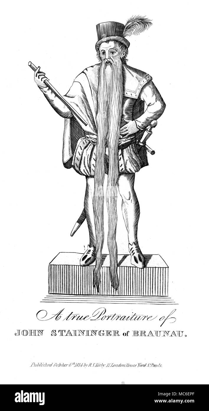 Des phénomènes étranges - CHEVEUX LONGS Les longues moustaches de John Staininger de Braunau - Gravure publiée en 1814, par R.S. Kirby. Gravure utilisée dans Kirby et merveilleux musée excentrique ; ou, d'un magazine de caractères remarquables, 1820. Banque D'Images