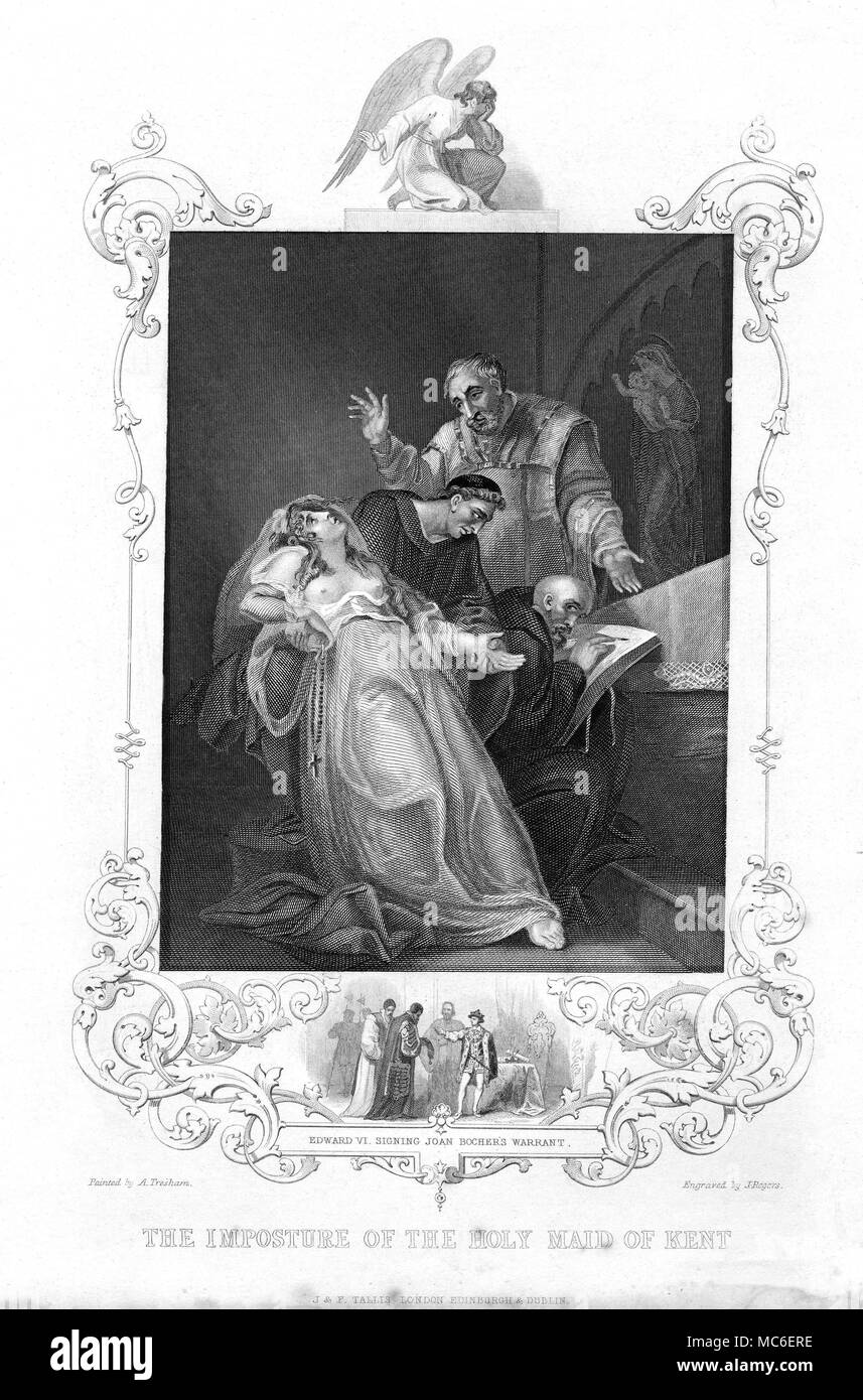 Les mythes de la SAINTE - MAID OF KENT 'l'imposture de la Sainte demoiselle de Kent, avec au registre inférieur, Edwad VI d'Angleterre signe le mandat d'arrestation et Joan Bocher procès. Gravure de J. Rogers d'une peinture de A. Tresham. Banque D'Images