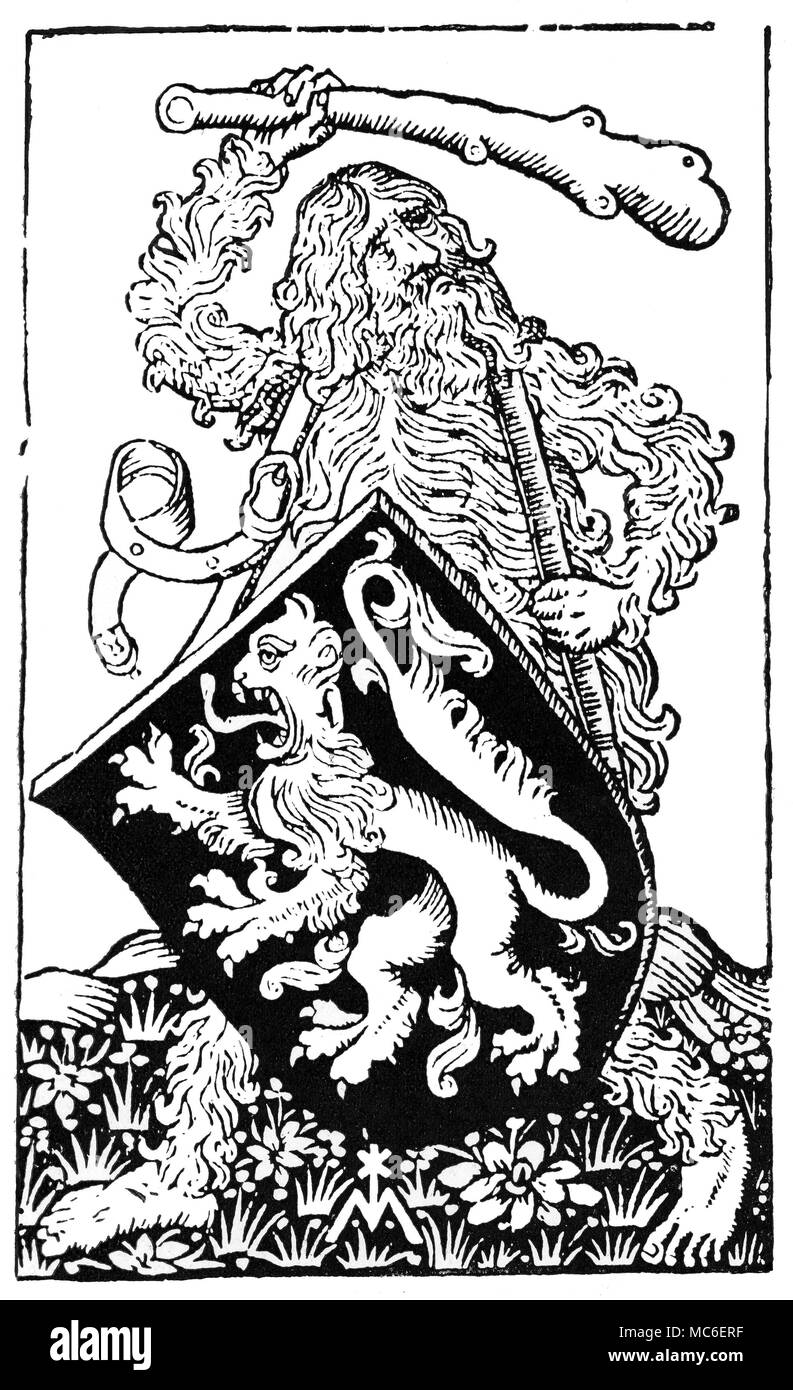 Monstres - homme sauvage, ou des WODEWOSE appareil personnel (gravure sur bois) impression de Matthias van der Goes, vers 1470, représentant un homme sauvage tenant un bouclier, sur lequel est inscrit un lion rampant. Banque D'Images