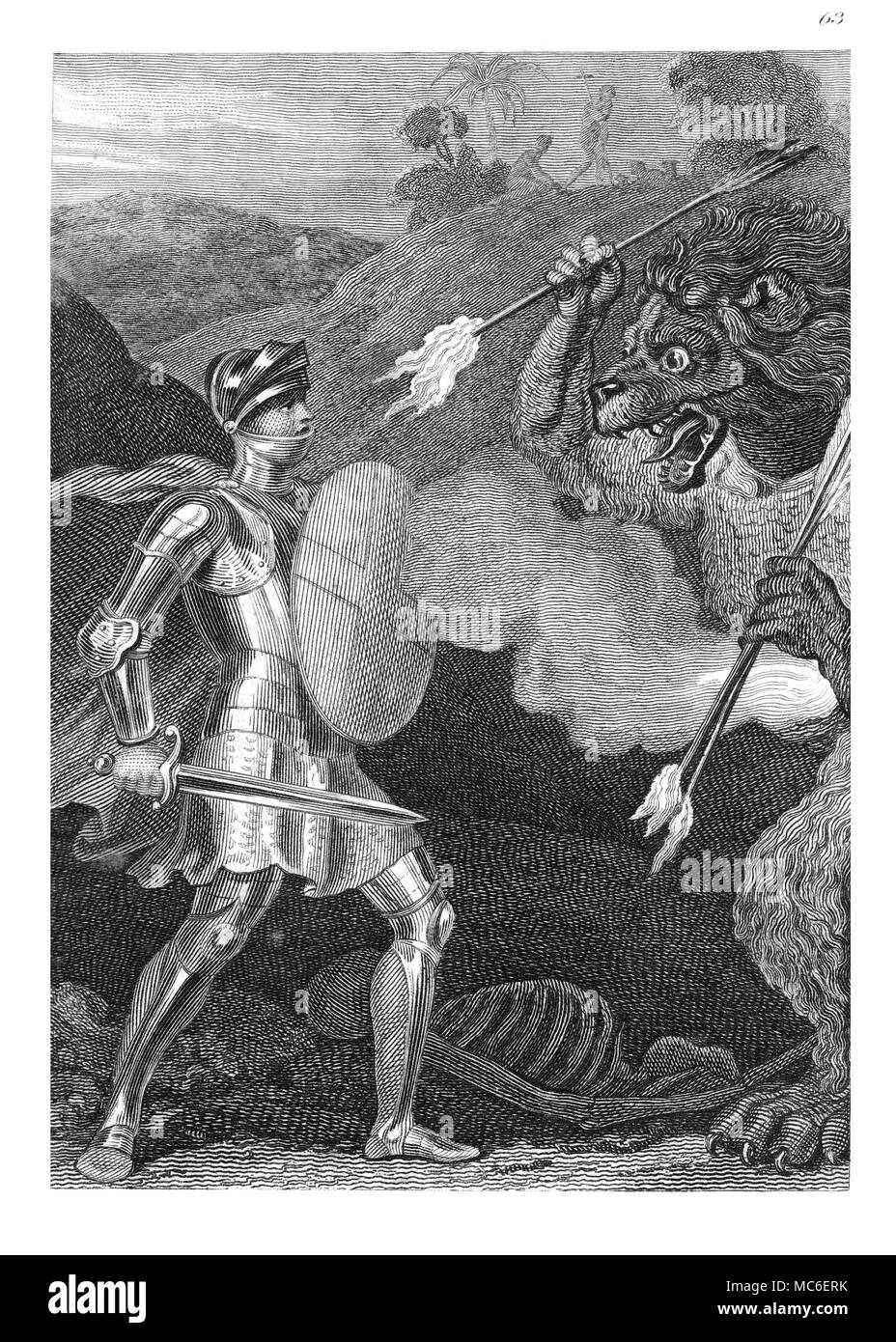 Démons gravure par McGahey d'un dessin par W.M. Craig, comme illustration de Bunyan de pèlerin du progrès. Le démon est sous la forme d'un lion sauvage. Banque D'Images