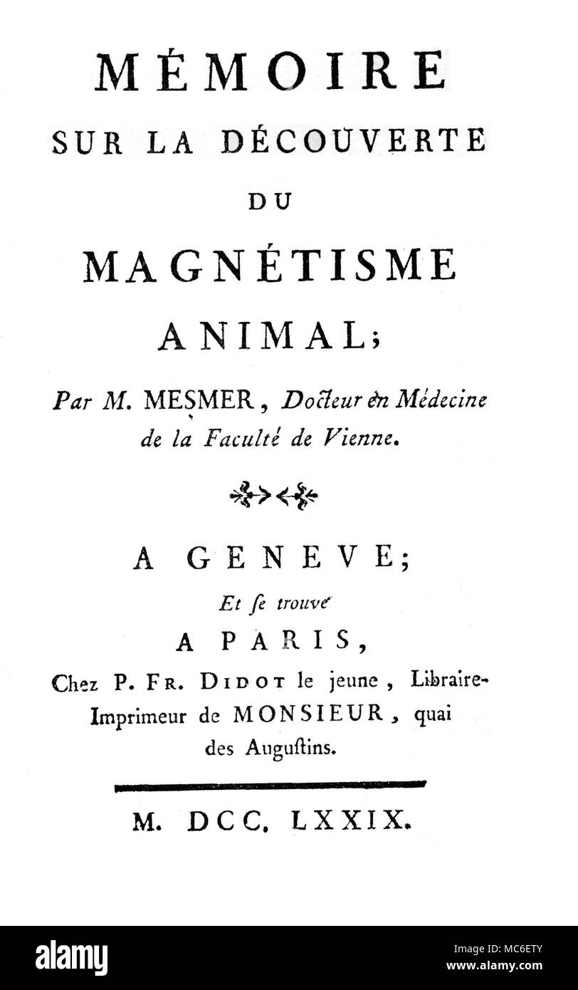 HYPNOTISMS ET MAGNÉTISME Titlepage de l'édition 1779 de l'Envoûteur MÃšmoire DÃšcouverte MagnÃštisme sur la du AnimalÃ Banque D'Images