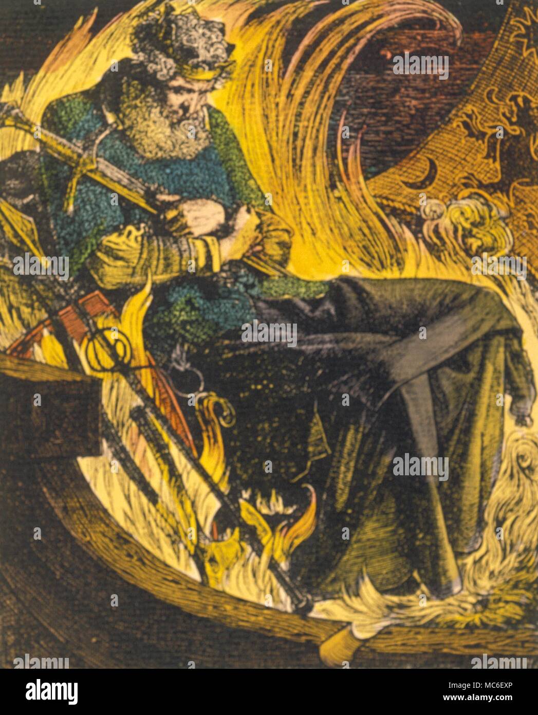 L'incendie Incendie-enterrement de roi Warwolf - Gravure couleur par Sandys. De l'Art Journal, 1884 Banque D'Images