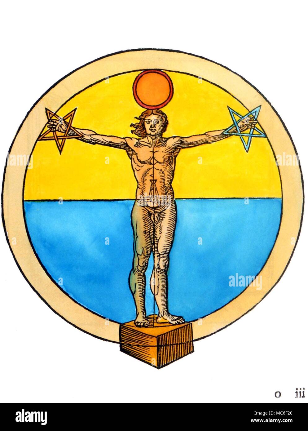 Symboles - Cinq étoiles cinq étoiles dans les mains de l'homme cosmique, debout sur le cube, un symbole de la matière. À partir de l'Agrippa De Occulta Philosophia, 1532 Banque D'Images