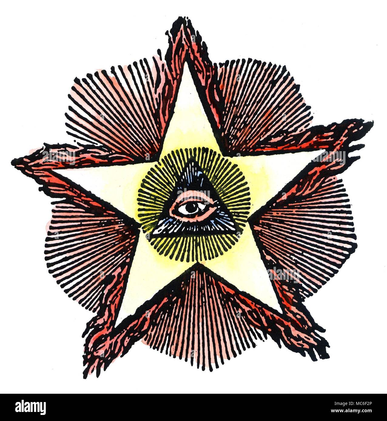 Symboles - Maçonnerie - Liatris LIATRIS Le de la maçonnerie. Cette gravure sur bois a été largement utilisé dans la maçonnerie du 19e siècle français pour représenter l'oeil qui voit de Dieu (ce qu'on appelle l'Œil de la Providence), le triangle radiant et l'étoile flamboyante, ou pentagramme. La recherche a montré que l'étoile à cinq branches a été dérivé de l'hiéroglyphe égyptien pour Dieu et de l'heure, qui était la star de la sba - une étoile à cinq branches Banque D'Images