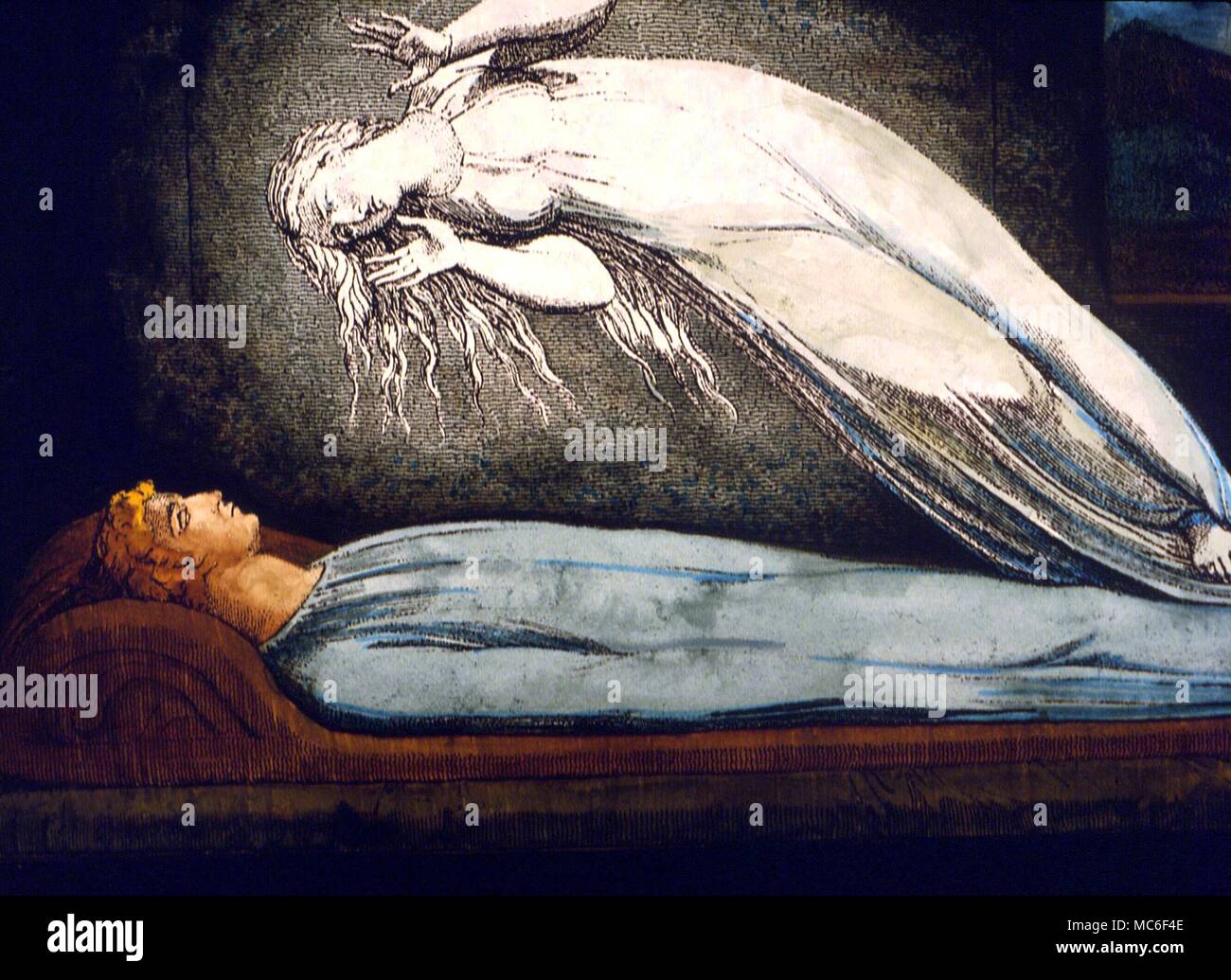Astral et colorés à la main éthérique ilustration par William Blake à Balir's Poem, 'La tombe' 1812, montrant le corps astral du défunt planant au-dessus du corps physique Banque D'Images