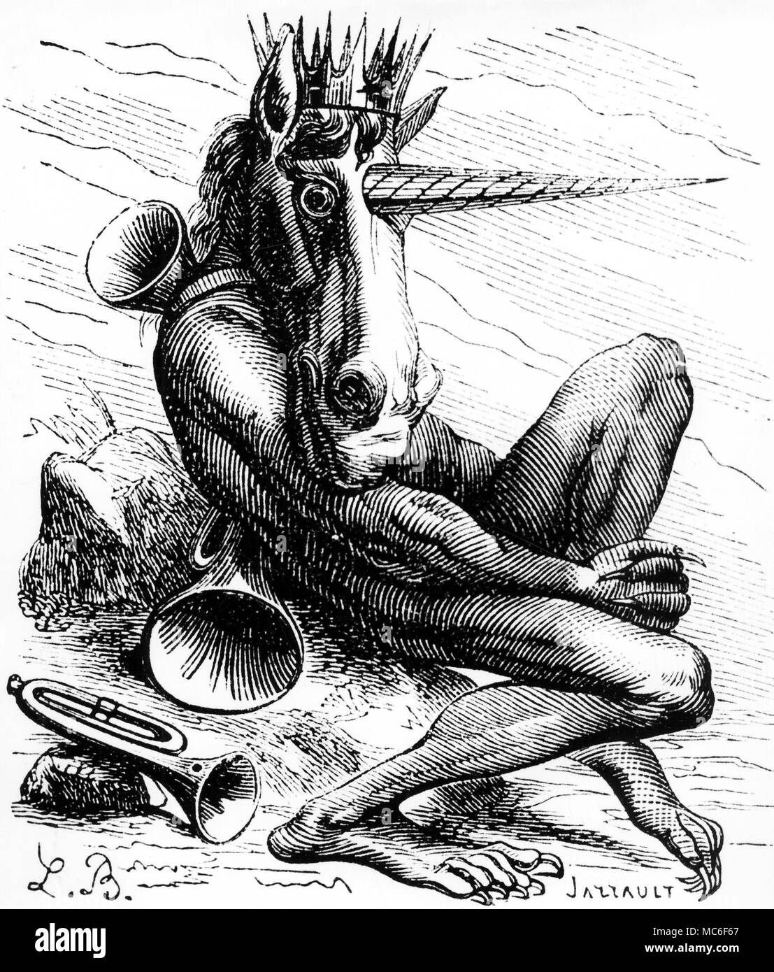 Le démon Flauros à tête de tigre, et d'un reste o l'ancien panthéon égyptien - probablement de la Bastet à tête de chat. De Collin de Plancy Woodengraving, Dictionnaire Infernal, 1863. Banque D'Images