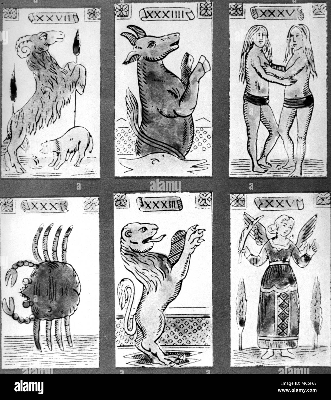 6 cartes de l'Italien Minchiate design. Ce sont les six premières cartes du zodiaque, de gauche à droite, Bélier, Taureau, Gémeaux, Cancer, Lion et vierge. Leur nombre ne correspond pas à leur séquence dans le pack, cependant. Banque D'Images