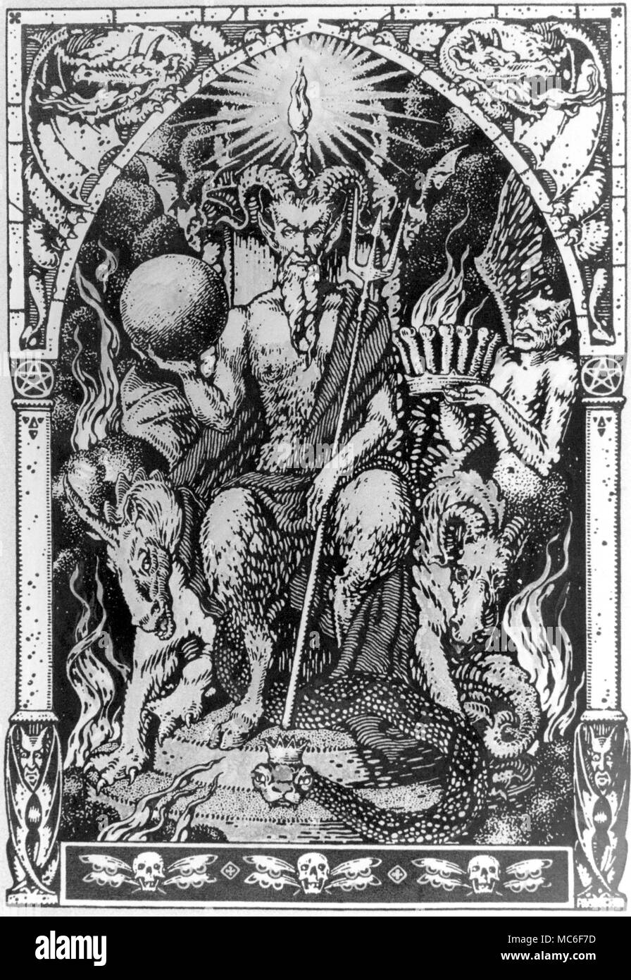 Sa Majesté satanique - le greqt abbatic» «Chèvre présider ses vassaux. Design by Zuber, pour M Carron La Vie exécrable de Guillemette Babin, sorcière, 1926. Malheureusement, l'histoire de la chute de Guillemette, bien que romancé, dans ce livre est vrai : il a dit dans Jean Bodin's Demonomanie, 1580. Bodin était respondible pour son procès : elle a été condamnée et brûlée à mort à Poitiers en 1564. Banque D'Images