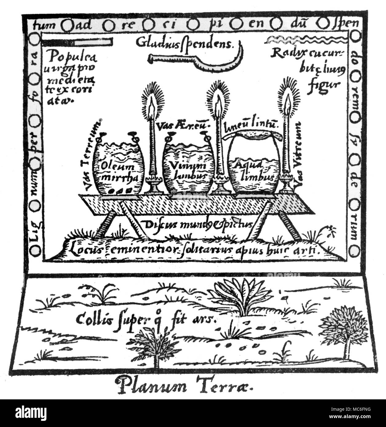 Les trois vases d'Artephius - l'une des plus anciennes méthodes de divination, qui peuvent avoir en surived l'Occultisme moderne en raison de l'intrigante illustrations qui accompagnent habituellement l'Artephius texte. La construction comprend l'eau, l'huile et du vin. Dans l'eau est vu l'ombre de l'avenir, dans l'huile, l'apparence de la personne en cause, et dans le vin, l'événement lui-même. De l'art magique d'Artephius, non datée mais dix-huitième siècle. Banque D'Images