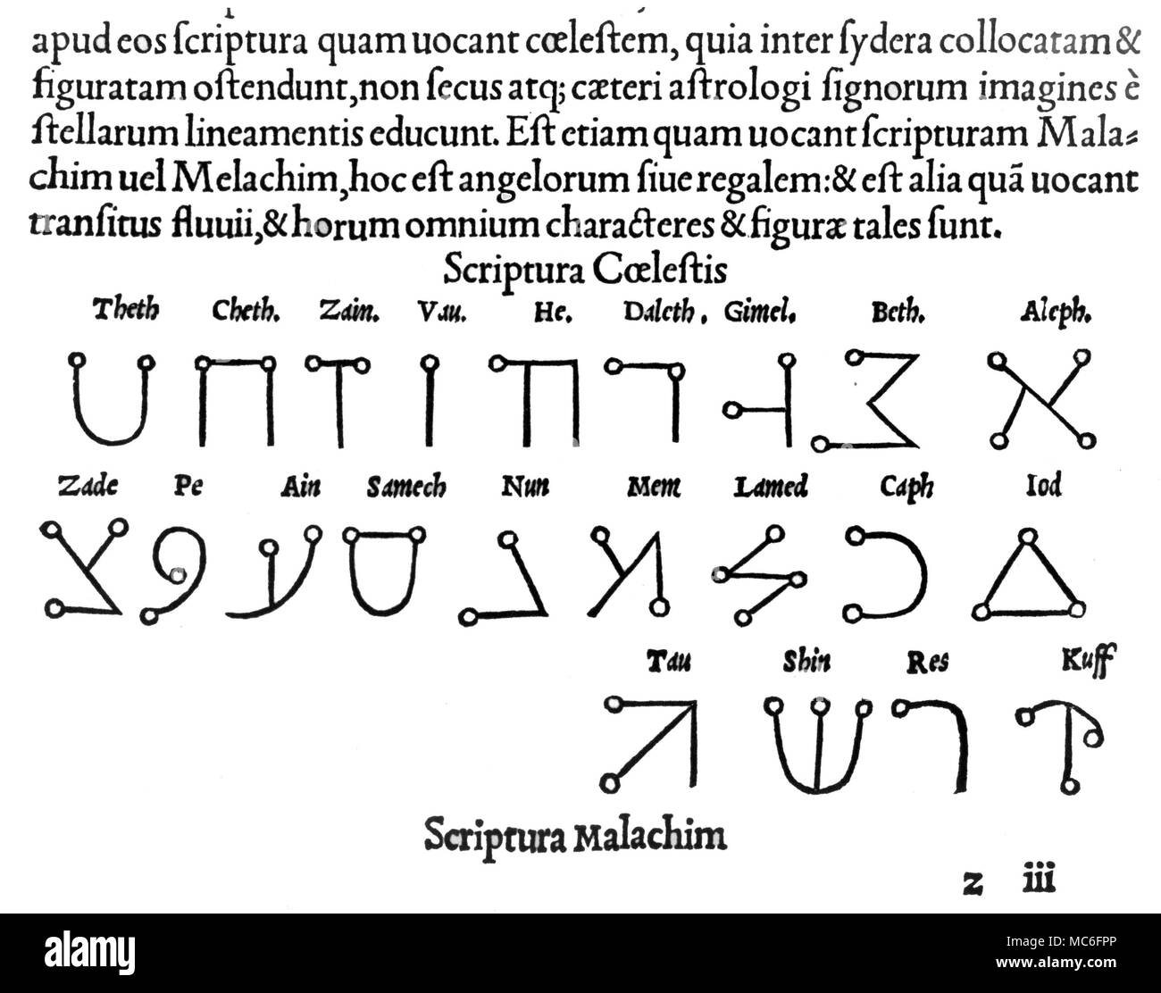 L'alphabet secret qui est dit être les écrits des Anges Célestes - le script. Cependant, il est dérivé de l'hébraïque. De Cornelius Agrippa's De Occulta Philosophia 1634 Banque D'Images