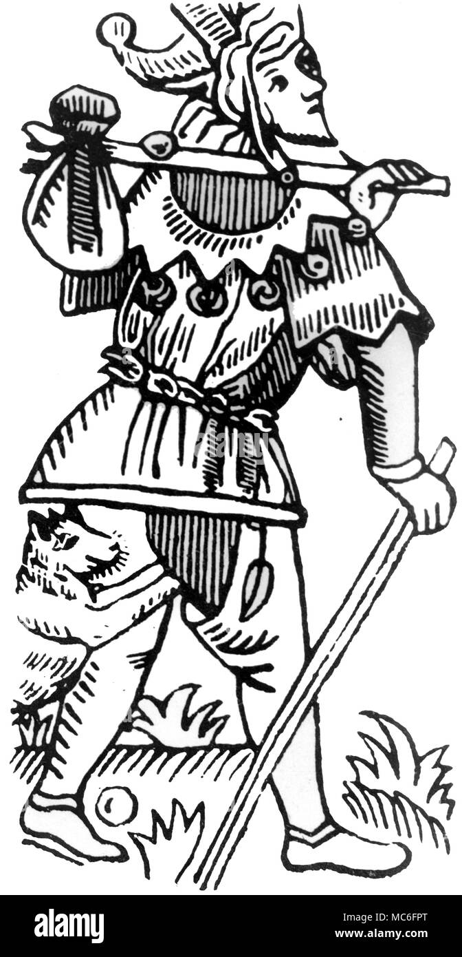Le Fou du Tarot carte pack. Selon certains, il s'agit d'ésotéristes 'l'imbécile qui n'est pas fou", l'homme rusé, qui cache sa vrai valeur intérieure sur le plan matériel. Contrairement à l'ordinaire, non-initié, homme ou femme, sa colère intérieure est extériorisée, sous la forme du chien à ses pieds. Il est un vagabond sur le plan spirituel, que sur le matériel. Banque D'Images Le Fou du Tarot carte pack. Selon certains, il s'agit d'ésotéristes 'l'imbécile qui n'est pas fou", l'homme rusé, qui cache sa vrai valeur intérieure sur le plan matériel. Contrairement à l'ordinaire, non-initié, homme ou femme, sa colère intérieure est extériorisée, sous la forme du chien à ses pieds. Il est un vagabond sur le plan spirituel, que sur le matériel. Banque D'Images