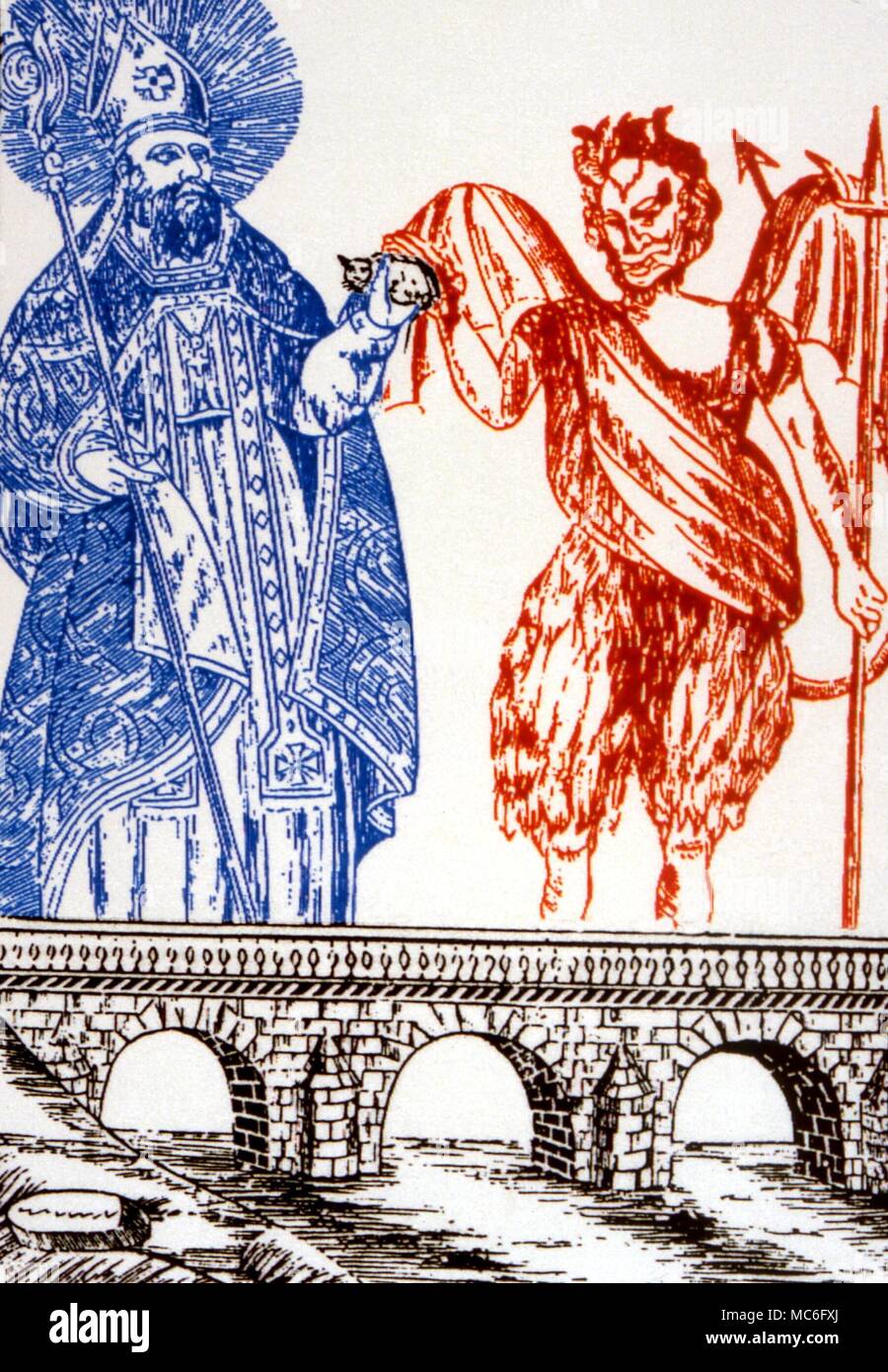 Apres Une Woodengraing Imprimer Couleur Montrant St Cado Donnant Un Chat Au Diable En Echange De La Construction D Un Pont Photo Stock Alamy Apres Une Woodengraing Imprimer Couleur Montrant St Cado Donnant Un Chat Au Diable En Echange De La Construction D Un Pont Photo Stock Alamy