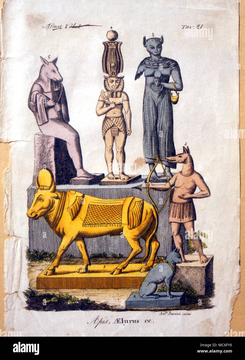 Bubastis à tête de chat et d'autres dieux égyptiens theriomorphic. À partir d'un dix-huitième siècle imprimer. Banque D'Images