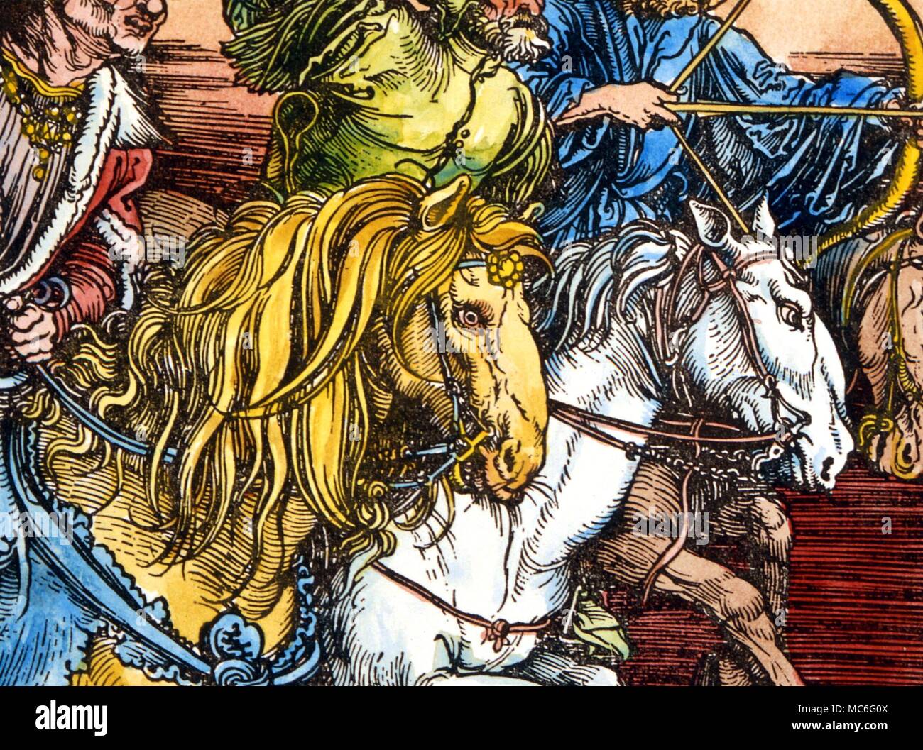 Animaux - Cheval trois des quatre cavaliers de l'Apocalypse. Détail de la grande impression biblique faite par Albrecht durer, en 1493 Banque D'Images
