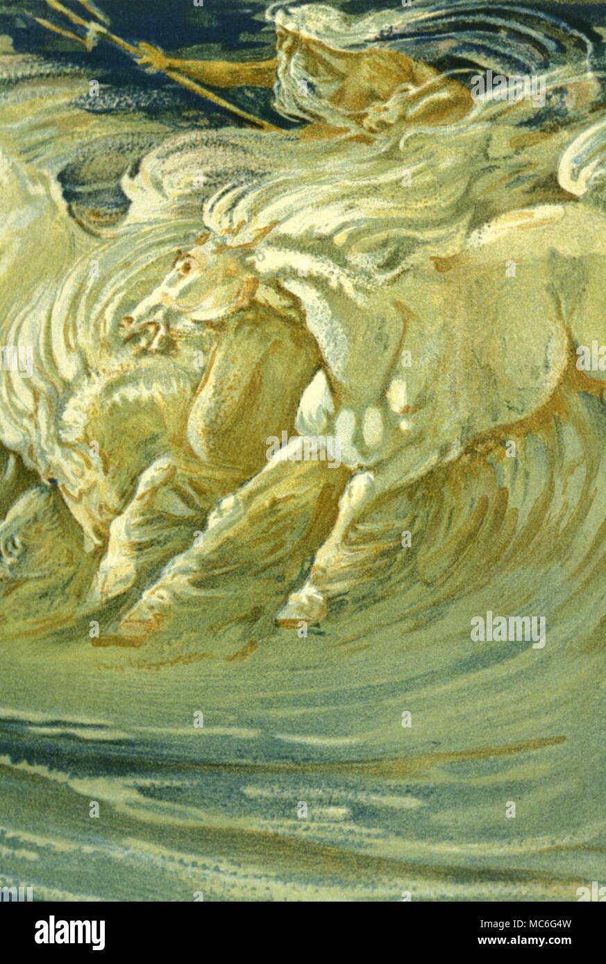 La mythologie grecque - Poseidon Poseidon avec ses chevaux. Impression lithographique de l'esquisse par Walter Crane 1893 Banque D'Images