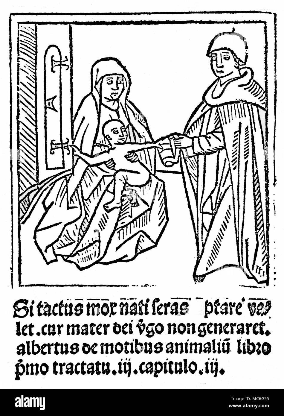 Des phénomènes étranges - LE CHRISTIANISME Le 'miracle' d'un enfant né avec la puissance magnétique pour ouvrir les verrous. La gravure sur bois, l'illustration de ce pouvoir, est un argument que si cela peut se produire alors pourquoi ne devrait pas le miracle de la naissance vierge également se produire. La citation est de Albertus Magnus, De Motibus animalium. Gravure sur bois de Franciscus de Retza, inviolatae Defensorium virginitas Mariae, fin du 15e siècle. Banque D'Images