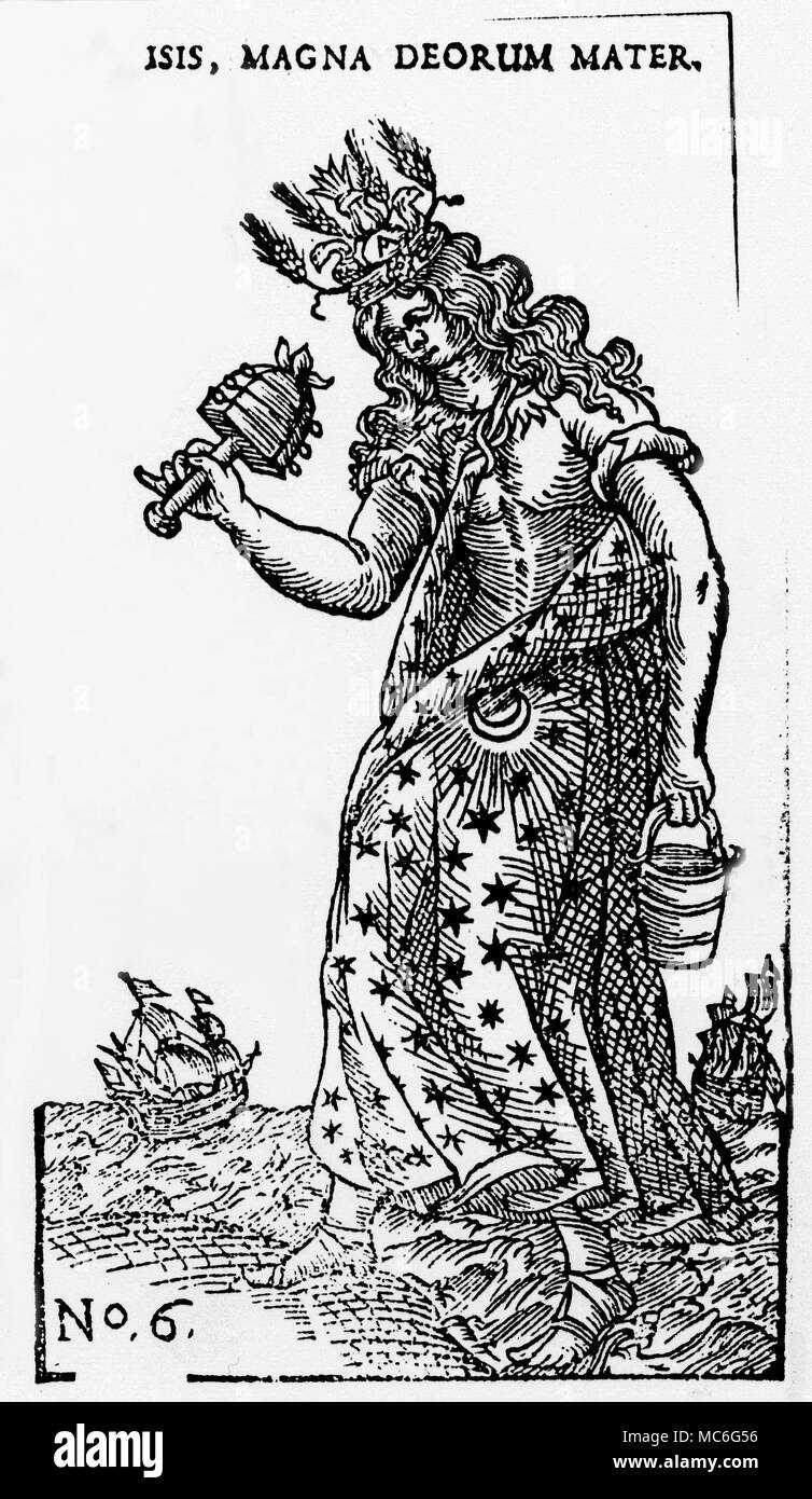 La mythologie égyptienne - ISIS La déesse Isis, la Grande Mère des dieux - une image en partie basé sur le célèbre imprimer illustrant les travaux de Kircher. Dans ce cas, l'accent est mis sur sa primauté sur la mer (d'où les deux navires) : elle se tient avec un pied dans la mer, l'autre sur la terre, et le croissant de lune marque ses parties intimes, pour montrer son pouvoir sur la naissance, et descente dans la matière (d'où, peut-être, l'accent sur mater). De M. Gregorii Michaelis, Notae Jacobi Gaffarelli Curiositates, en 1676. Banque D'Images