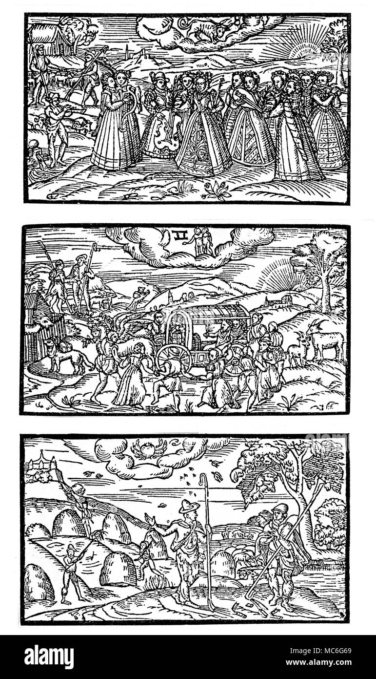 Mois - CALENDRIERS - AVRIL, MAI ET JUIN Calendrier du xvie siècle, représentant le mois correspondant, le signe du zodiaque et les activités associées à la mois, dans une communauté rurale. Les gravures sur bois sont d'un calendrier de Berger, 1579. [Lecture à partir du haut, vers le bas] : avril, avec le signe du taureau - un moment de joyeux de décisions et de la musique (bien que cela semble s'appliquer seulement au bien-to-do - les rustics et tendant toujours leurs moutons. Peut, avec le signe des Gémeaux - la scène représentée semble être un mariage, avec les rustics danser dans l'allégresse. Juin, avec le signe du Cancer : les rustics apparaissent t Banque D'Images