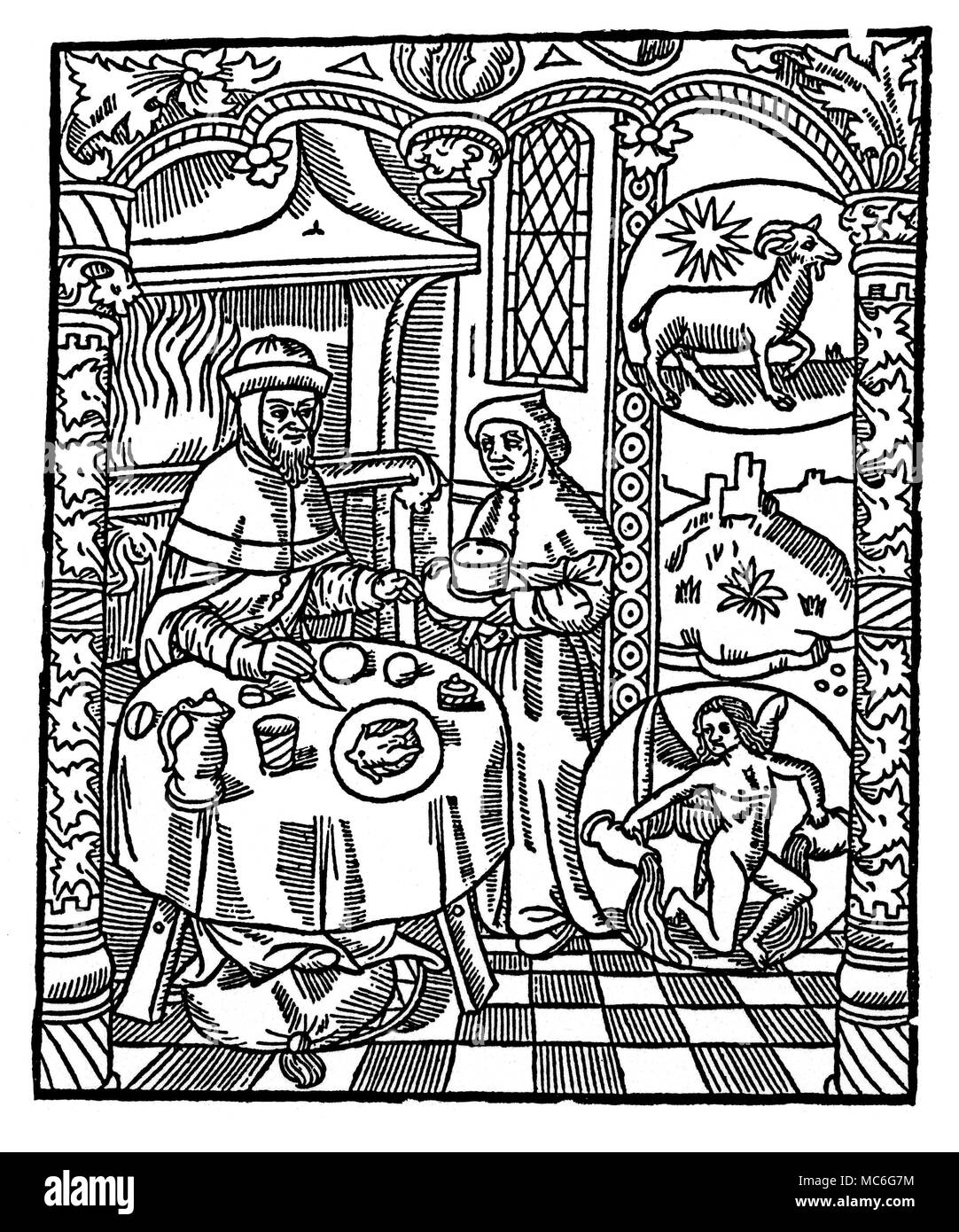 Mois - JANVIER - Capricorne & VERSEAU Gravure sur bois représentant un couple de manger devant un feu de cheminée - le type d'image pour janvier. Le haut cocarde est l'image du zodiaque Capricorne pour la chèvre, l'inférieur est Verseau, avec deux cruches d'eau. De : Le Grant Kalendrier et compost des Bergiers avecq leur astrologie, vers 1500. Banque D'Images