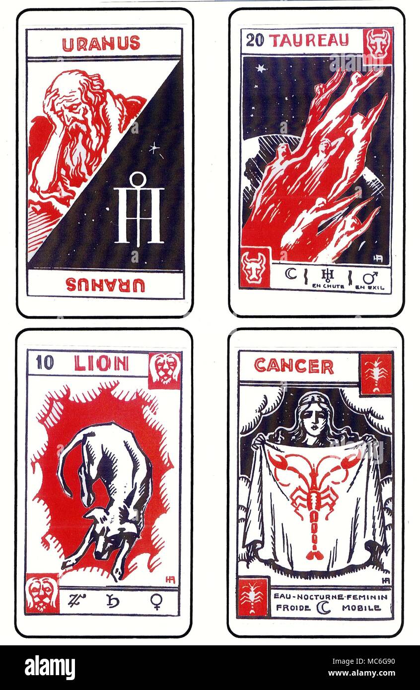 TAROT - CACHETS - L'ASTROLOGIE quatre cartes du deck Muchery, le soi-disant Tarot  astrologique. De gauche à droite, en commençant par le haut : Uranus, sous  la forme d'un vieil homme, méditant,