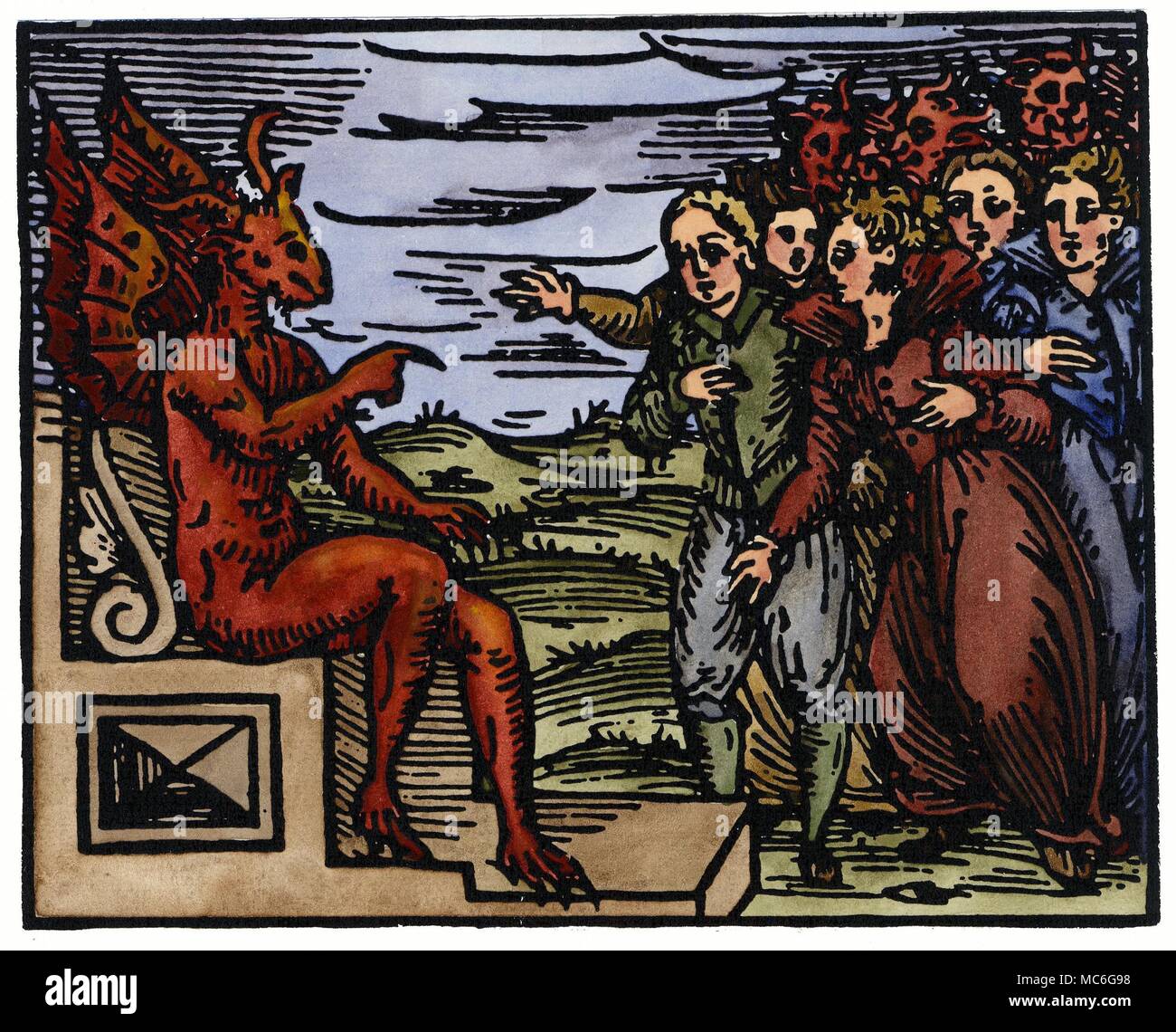 La sorcellerie - Démons Le Diable avec ses sbires, les sorcières et les sorciers. Il est de partir une campagne de destruction massive que les sorcières sont tenues de respecter. À la main, impression à partir de Francesco Maria Guazzo, Compendium Maleficarum, 1608. C'était le plus savant et précis de la sorcellerie médiévale des manuels, et à certains égards (parce qu'il a rendu hommage aux superstitions de la pire espèce) l'un des plus horrible. Banque D'Images