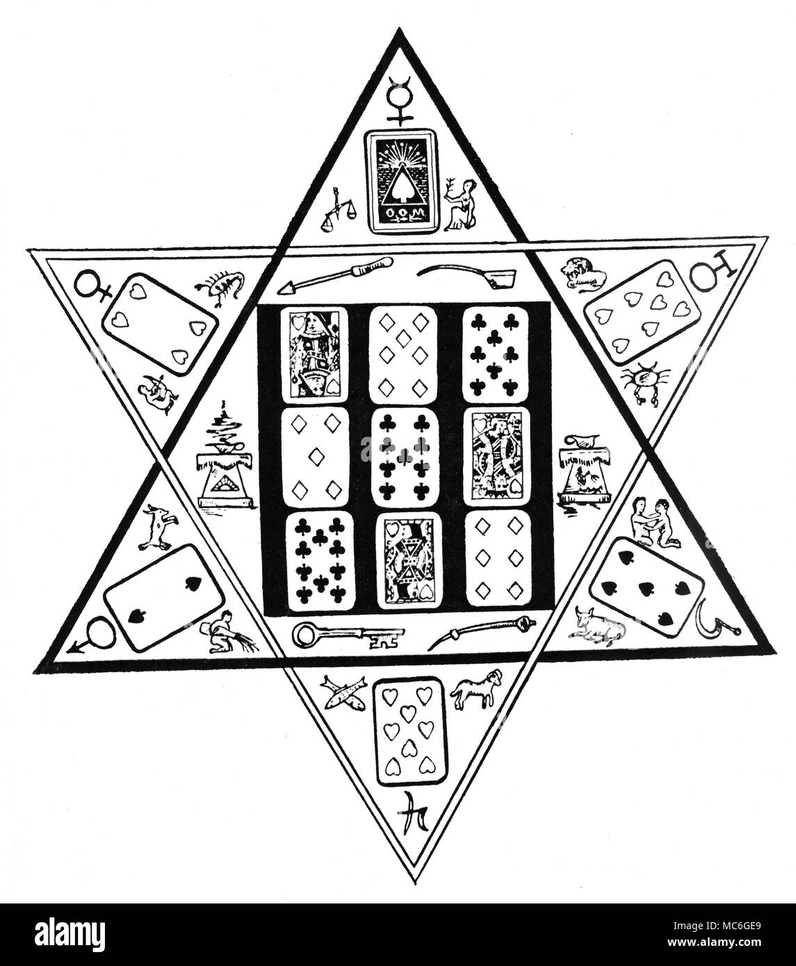 Cartomancie un motif officiel des jeux de cartes, établies à des fins  prédictives sur un sceau de Salomon. Les radiants du joint, ou des étoiles,  sont chacun fait avec des images de