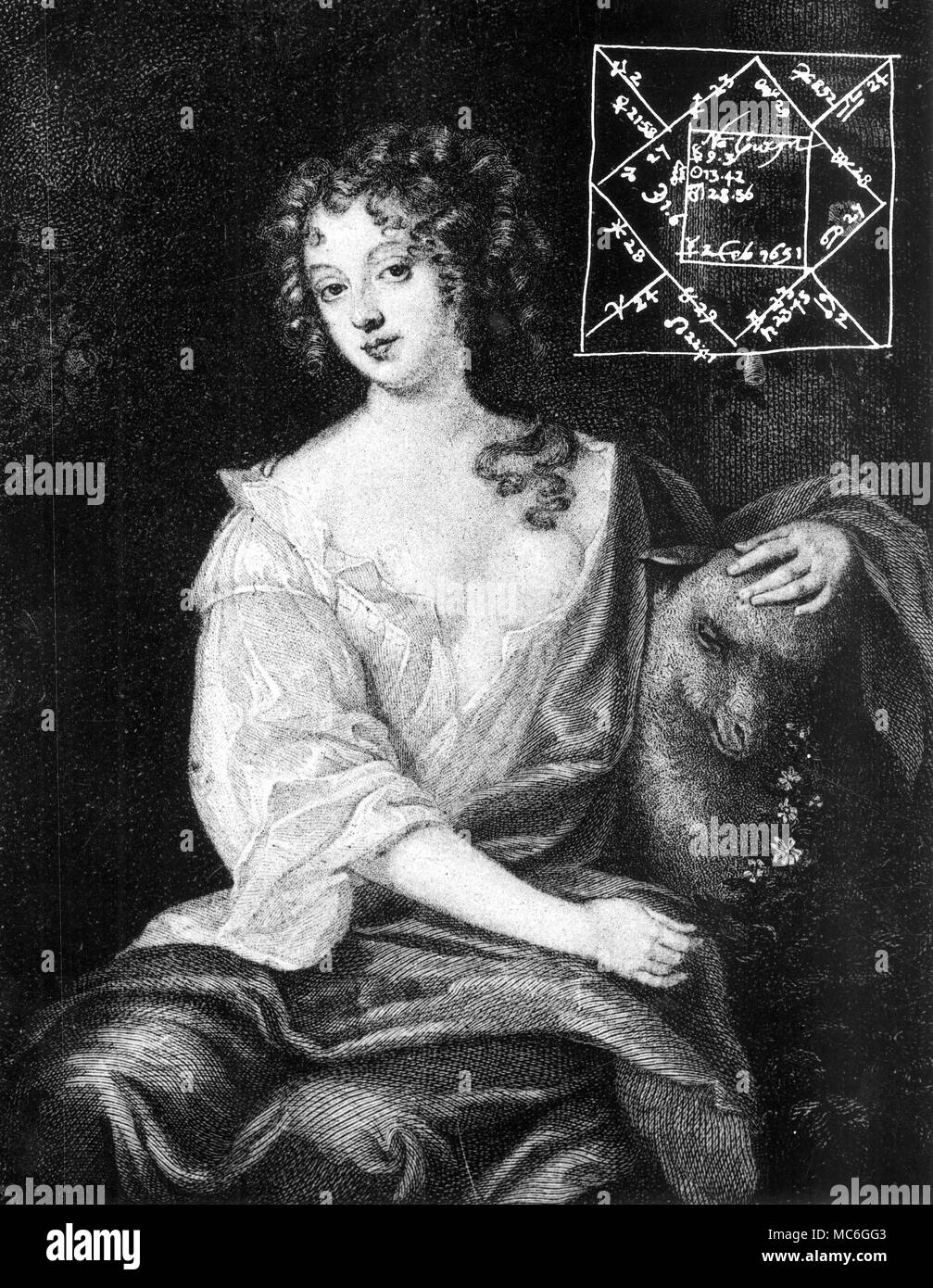 NELL GWYN HOROSCOPES - le portrait et le tableau de la naissance de l'actrice Nell Gwyn, qui était la favorite du roi Charles II d'Angleterre. Elle est née à Londres, le 2 février 1651. Banque D'Images