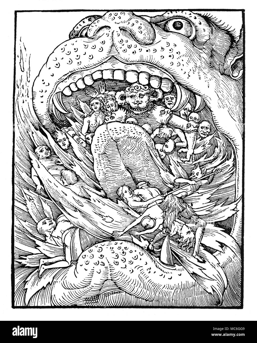 L'enfer l'entrée de l'enfer, représenté (dans le style de l'époque médiévale artistes) comme la bouche d'un monstre, avec des flammes qui sortent de sa bouche, et les damnés et leurs bourreaux visibles. Gravure sur bois de circa 1500. Banque D'Images