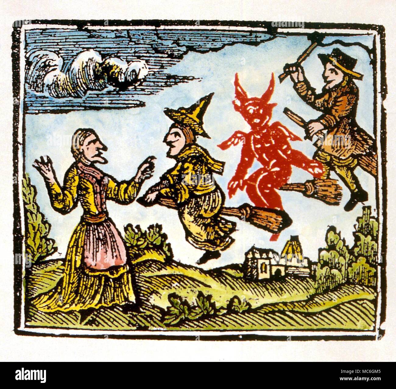 La sorcellerie - Lancashire witches illustration d'une brochure de pétrole brut de 1612, relatives à la manie de la sorcellerie du Lancashire. Le transvecting Demdyke sorcière est probablement l'ancienne. Dix sorcières pendu après le procès Banque D'Images